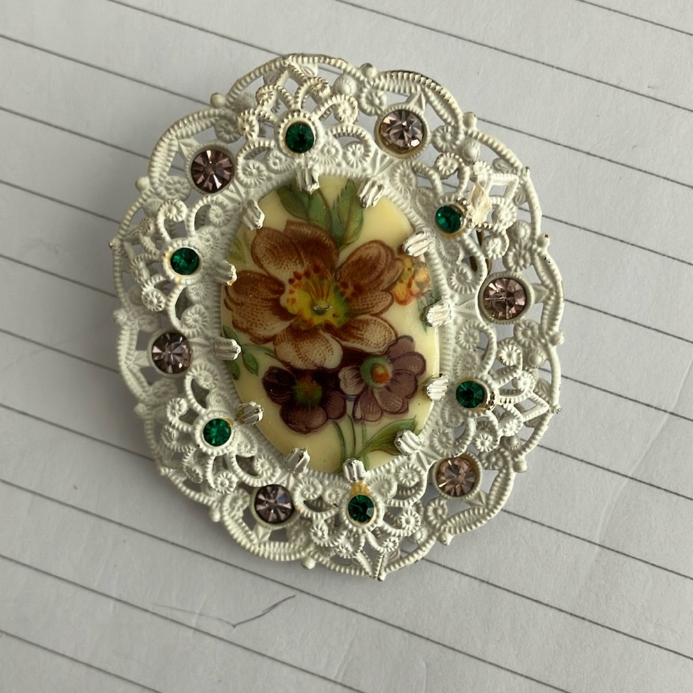 Vintage west Germany signed pink rhinestone enamel brooch